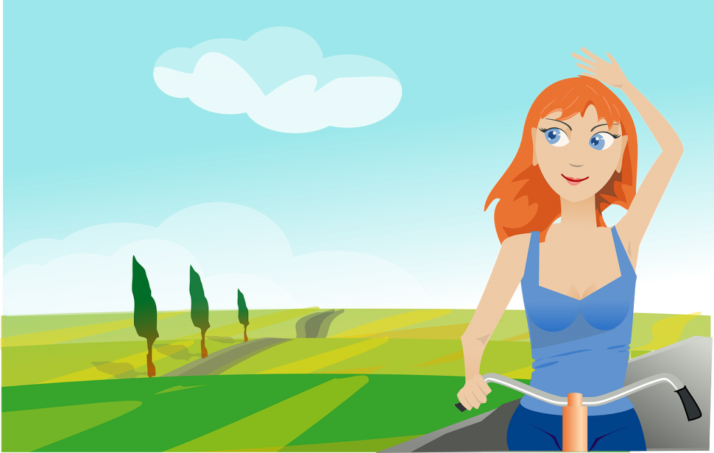 Cartoon female cyclist in sunny fields